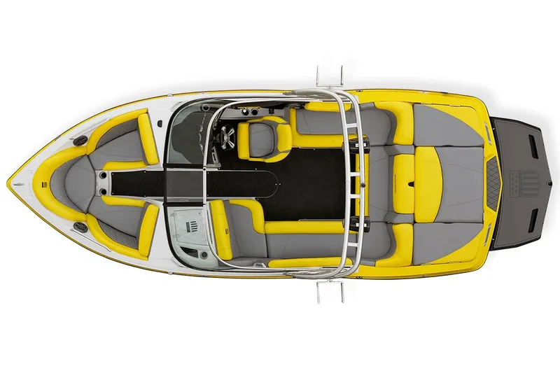 Slide: The Image of Manufacturer Provided Image: Top view of a 2015 MasterCraft X10 boat with yellow and gray seating. - 12