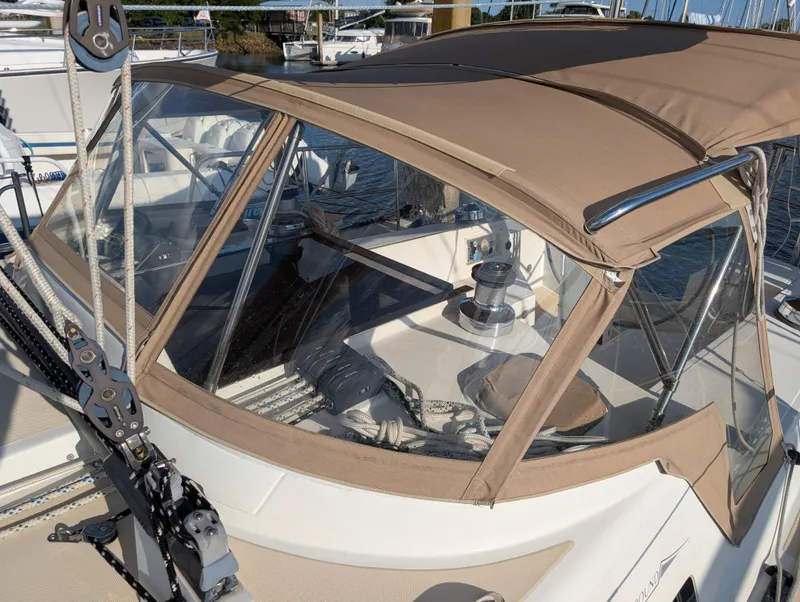 Slide: The Image of Solar panels on 2015 Outbound 46 yacht deck, docked at marina. - 41