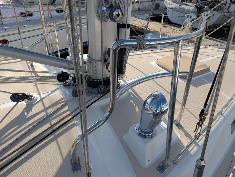 Slide: The Image of Close-up of rigging hardware on a 2015 Outbound 46 sailboat deck. - 48