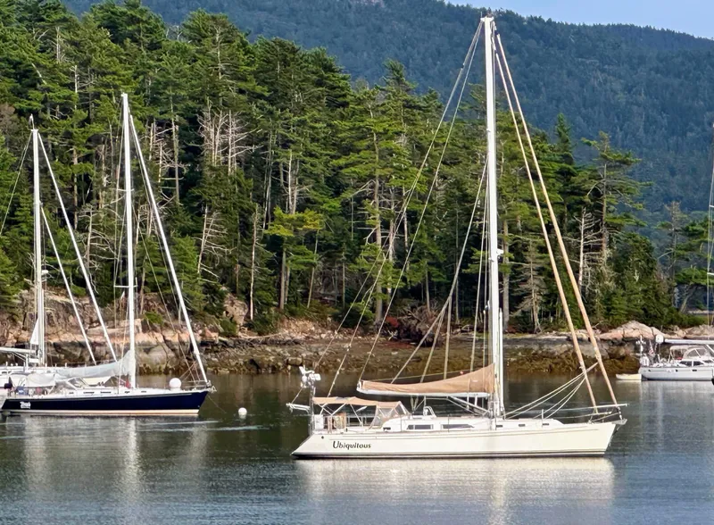 Slide: The Image of Sailboat "Ubiquitous" on water, Outbound 46 model, 2015, with lush forest backdrop. - 76