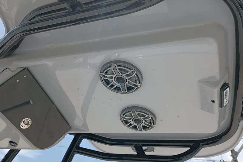Slide: The Image of 2025 Yellowfin 24 CE boat speakers and lighting on the ceiling. - 14