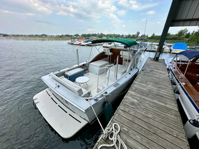 Slide: The Image of 1966 Bertram 31 Bahia Mar docked at a marina under a cloudy sky. - 2