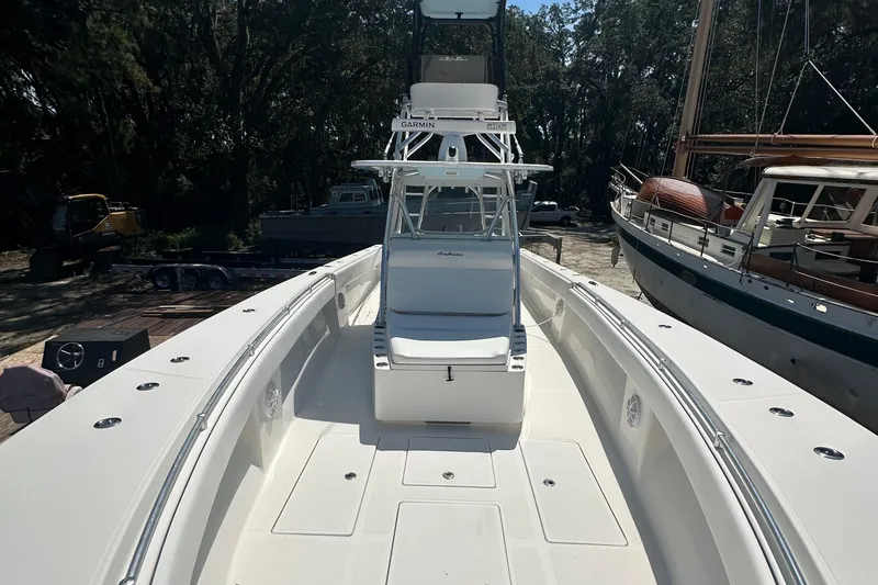 Slide: The Image of 2015 SeaHunter 41 Tournament boat with spacious deck and modern design. - 5