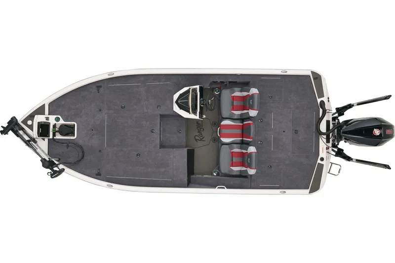 Slide: The Image of 2025 Ranger ALPHA 208 boat interior with red and gray seating, carpeted deck. - 5