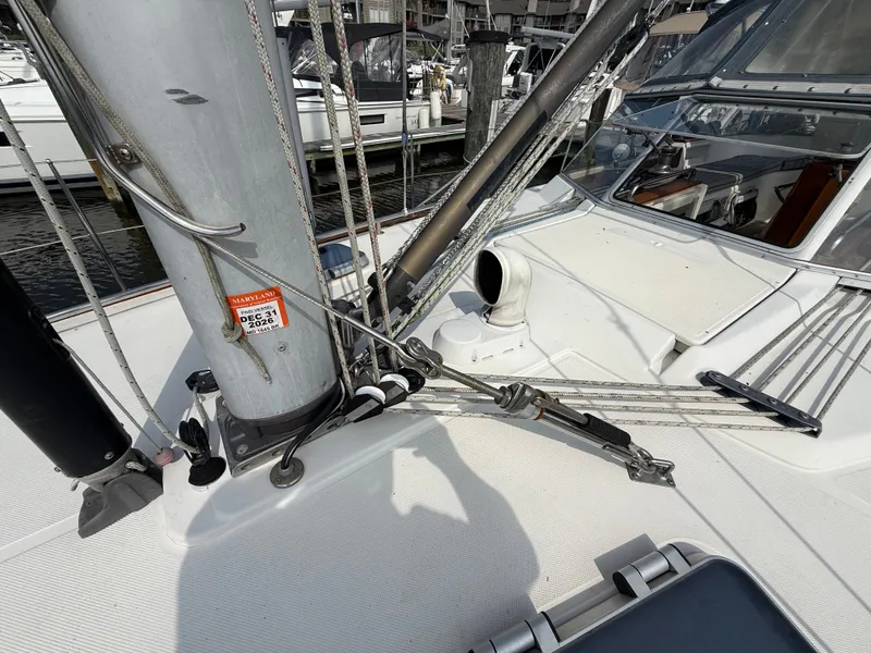 Slide: The Image of Deck of 1999 Bavaria 42 Ocean sailboat with rigging and Maryland registration sticker. - 14