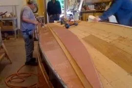 Slide: The Image of Restoration of 1931 Hacker-Craft 26 Dolphin boat in workshop setting. - 163