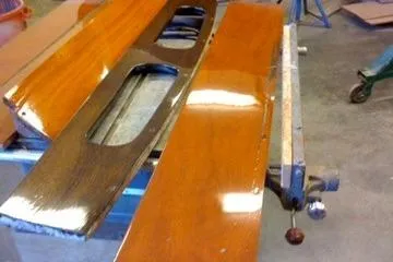 Slide: The Image of Restoration of 1931 Hacker-Craft 26 Dolphin wooden boat parts in workshop. - 167