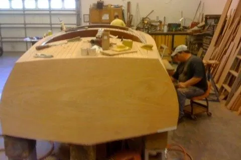 Slide: The Image of 1931 Hacker-Craft 26 Dolphin boat under restoration in workshop. - 171
