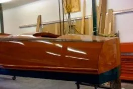 Slide: The Image of 1931 Hacker-Craft 26 Dolphin boat in workshop, wooden hull, vintage restoration. - 42