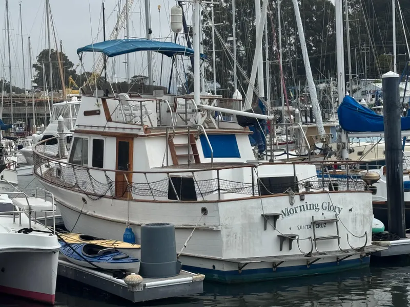 Slide: The Image of 1984 Monk 36 Trawler "Morning Glory" docked in a marina, Santa Cruz. - 1