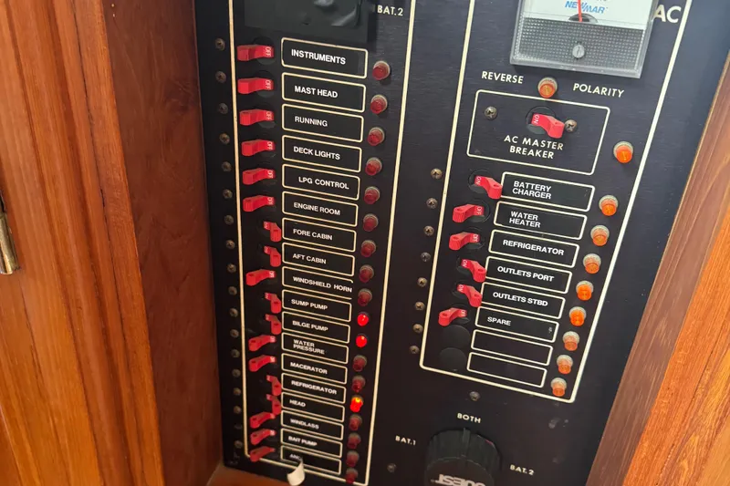 Slide: The Image of Control panel of a 1984 Monk 36 Trawler with labeled switches and breakers. - 26