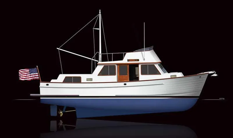 Slide: The Image of 1984 Monk 36 Trawler, classic white and blue design, with American flag, side view. - 29