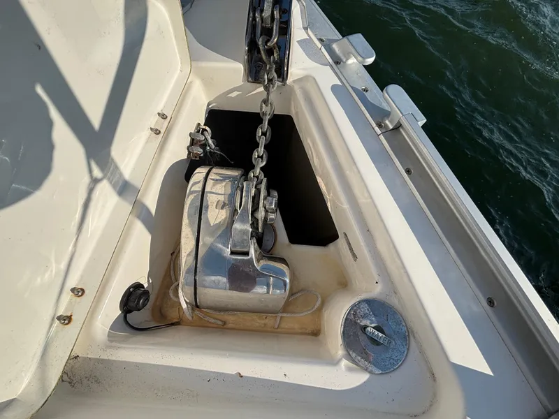 Slide: The Image of Anchor chain mechanism on a 2014 Bavaria 36 Cruiser yacht deck. - 28