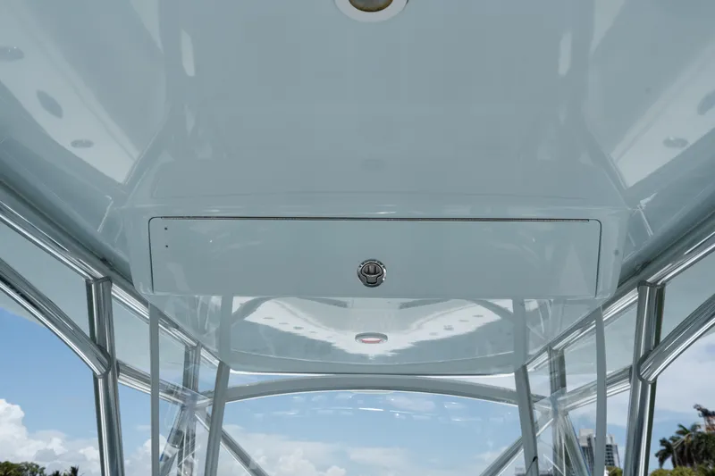 Slide: The Image of 2017 SeaVee Z39 boat interior ceiling with sleek design and stainless steel supports. - 13