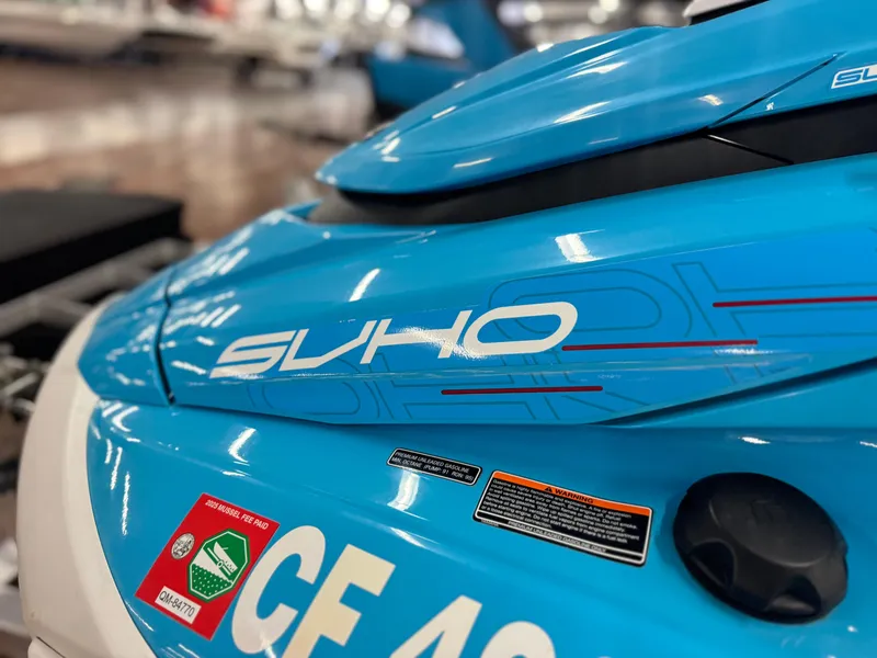 Slide: The Image of 2022 Yamaha WaveRunner FX SVHO in blue, close-up of SVHO logo and decals. - 17