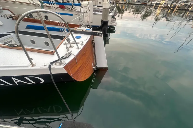 Slide: The Image of Transom Hung Rudder/Tiller Steering - Beautiful Varnished Wood Transom - 4