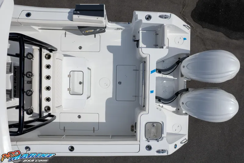Slide: The Image of Overhead view of 2026 Sea Hunt Gamefish 30 boat with dual engines. - 8