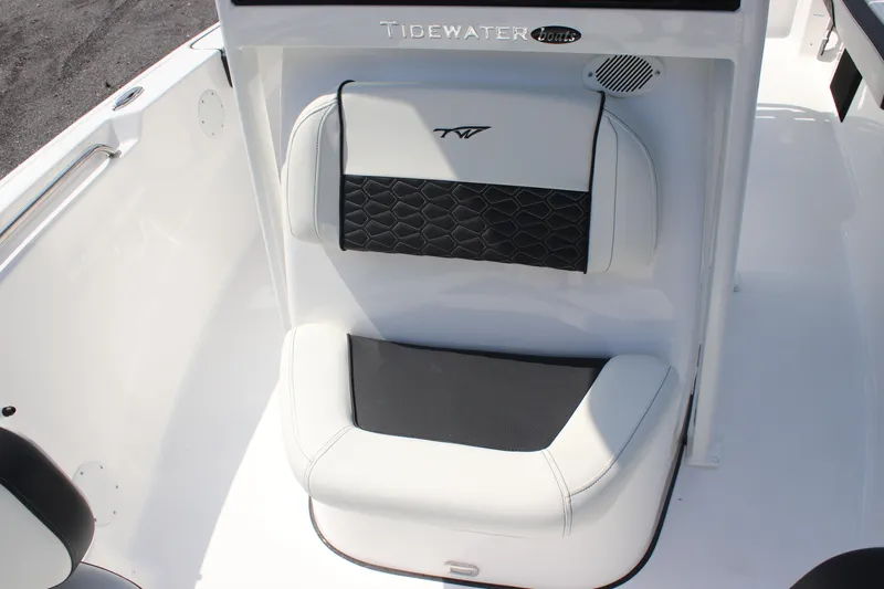 Slide: The Image of 2026 Tidewater 198 CC Adventure boat seat with black and white upholstery. - 22