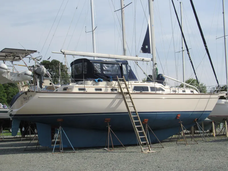 Slide: The Image of 2003 Island Packet 485 sailboat on stands, ready for maintenance. - 39