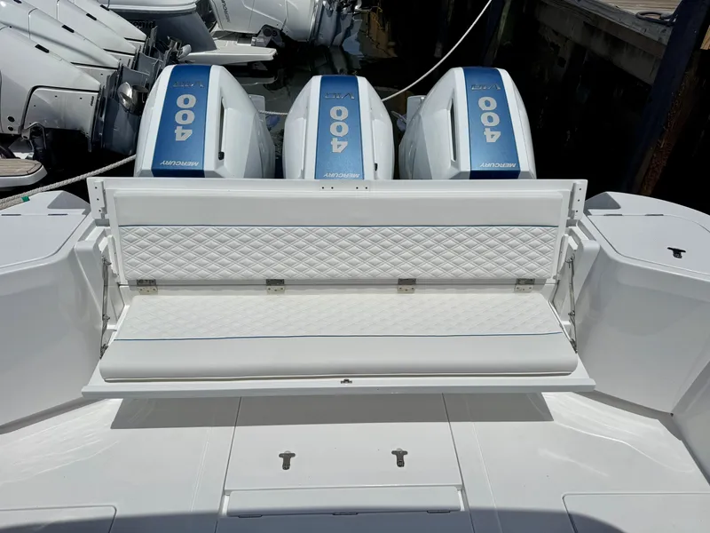 Slide: The Image of 2026 Intrepid 438 Evolution boat with Mercury 400 engines and quilted seating. - 8