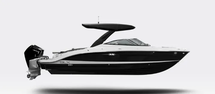 Slide: The Image of 2026 Sea Ray SLX 280 Outboard boat, sleek design, black and white color scheme. - 16