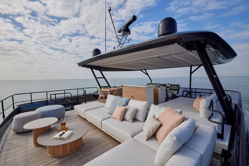 Slide: The Image of Luxurious 2026 Prestige M8 yacht deck with elegant seating and ocean view. - 12