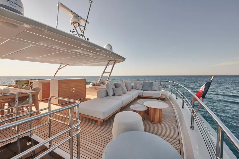 Slide: The Image of Luxurious 2026 Prestige M8 yacht deck with elegant seating and ocean view. - 13