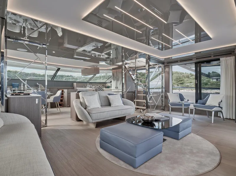 Slide: The Image of Luxurious interior of 2026 Prestige M8 yacht with modern furnishings and panoramic windows. - 20