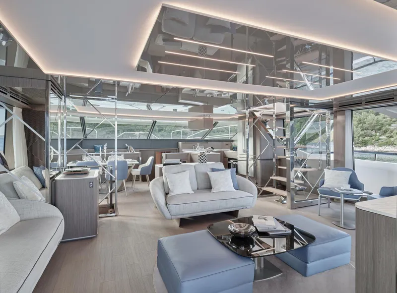 Slide: The Image of Luxurious interior of 2026 Prestige M8 yacht with modern furnishings and panoramic windows. - 21