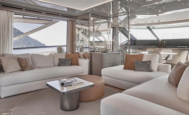 Slide: The Image of Luxurious interior of 2026 Prestige M8 yacht with elegant seating and scenic ocean view. - 23