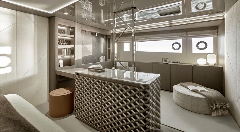 Slide: The Image of Luxurious Prestige M8 2026 yacht interior with modern design, elegant furnishings, and ambient lighting. - 27