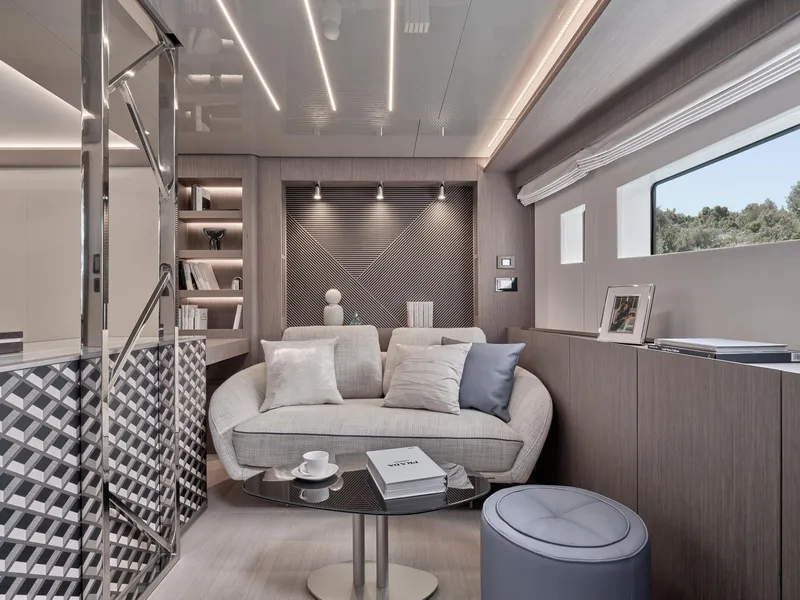 Slide: The Image of Luxurious interior of 2026 Prestige M8 yacht with modern decor and comfortable seating. - 28