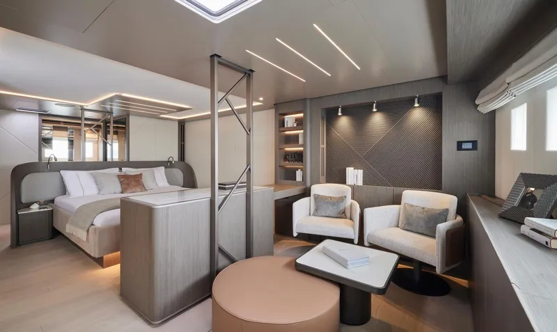 Slide: The Image of Luxurious interior of 2026 Prestige M8 yacht with modern design and elegant furnishings. - 30