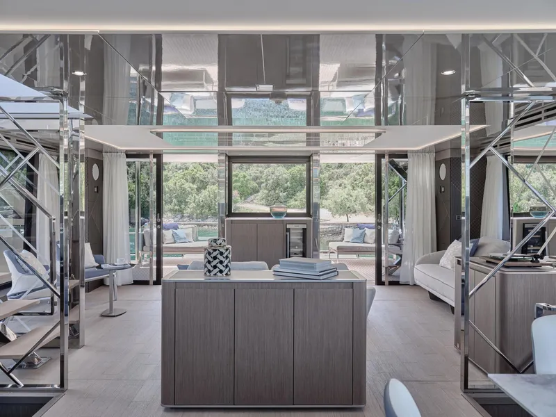 Slide: The Image of Luxurious interior of 2026 Prestige M8 yacht with modern design and panoramic windows. - 31