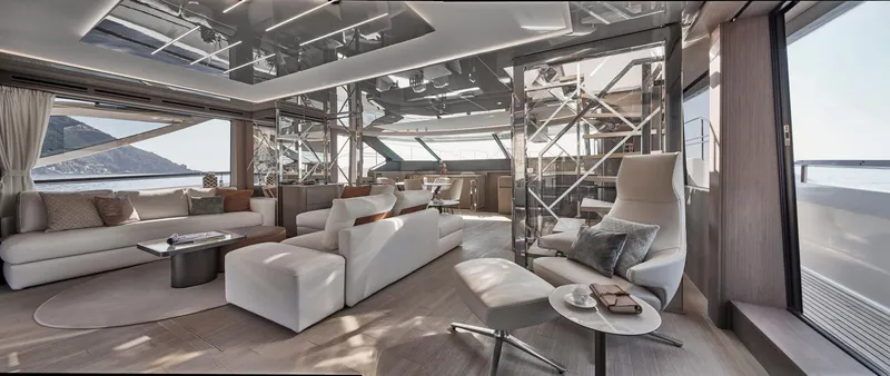 Slide: The Image of Luxurious interior of 2026 Prestige M8 yacht with modern furnishings and panoramic ocean views. - 32