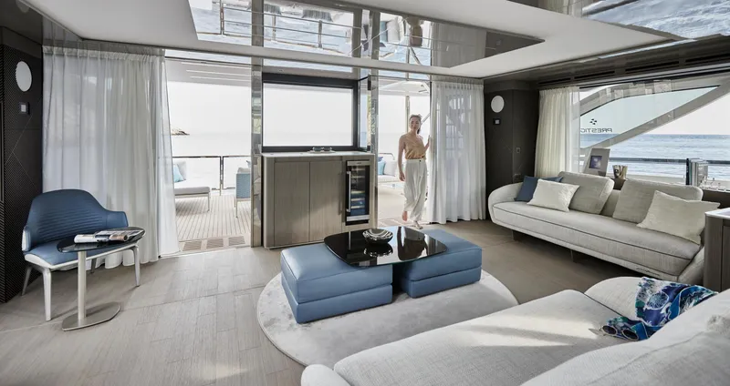Slide: The Image of Luxurious interior of 2026 Prestige M8 yacht with modern furnishings and ocean view. - 33