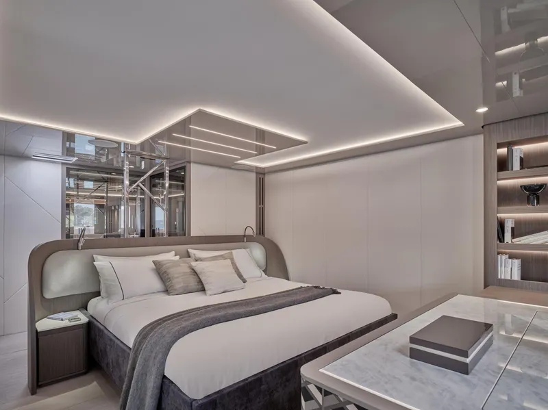 Slide: The Image of Luxurious bedroom interior in Prestige M8 yacht, 2026 model, featuring modern design and ambient lighting. - 34