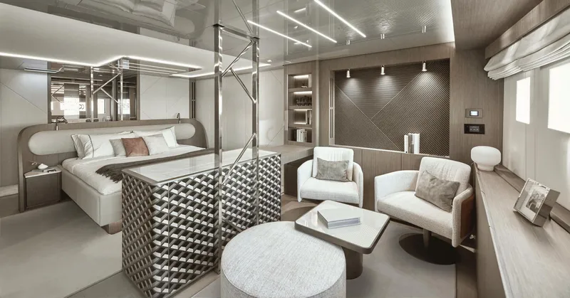 Slide: The Image of Luxurious Prestige M8 2026 yacht interior with modern design, featuring a cozy bedroom and seating area. - 26
