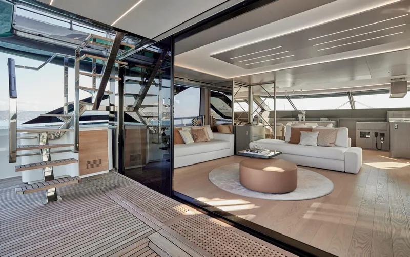 Slide: The Image of Luxurious interior of 2026 Prestige M8 yacht with modern seating and elegant design. - 6