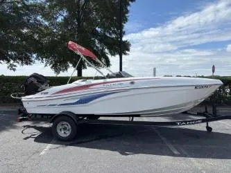 Slide: The Image of 2023 Tahoe T18 boat on trailer, parked outdoors under a clear sky. - 4