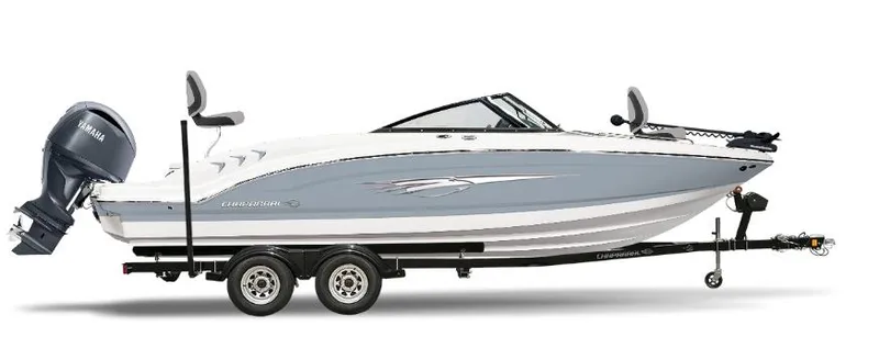 Slide: The Image of 2026 Chaparral 21 SSi Ski & Fish OB boat on trailer, side view. - 8