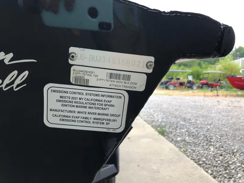 Slide: The Image of 2021 Bass Tracker PRO TEAM 175 TXW emissions label on boat transom. - 22