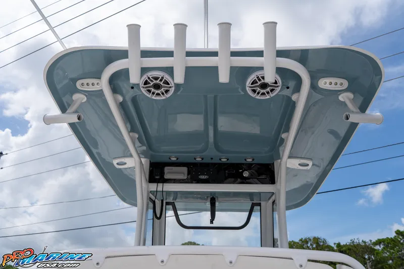 Slide: The Image of 2026 Sea Hunt Ultra 265 SE boat top view with rod holders and speakers. - 22