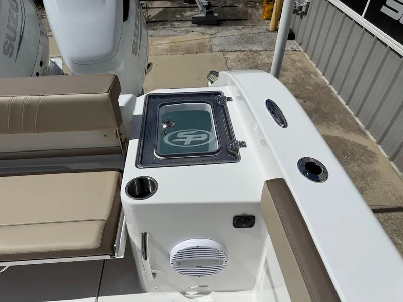 Slide: The Image of 2026 Sea Pro 292 Offshore boat interior with seating and storage features. - 14