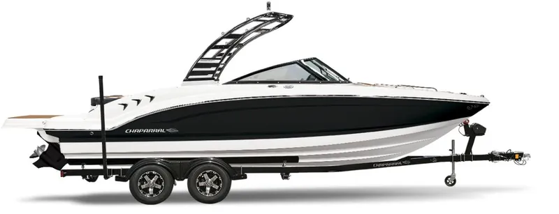 Slide: The Image of 2026 Chaparral 23 SSi boat on trailer, sleek black and white design, modern features. - 4