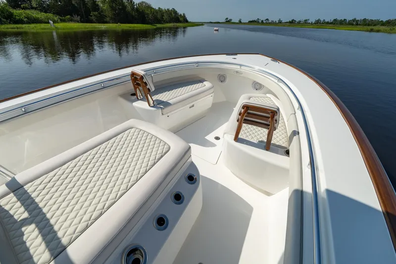 Slide: The Image of 2025 Valhalla Boatworks V-29 Hybrid with luxurious seating on a serene waterway. - 7
