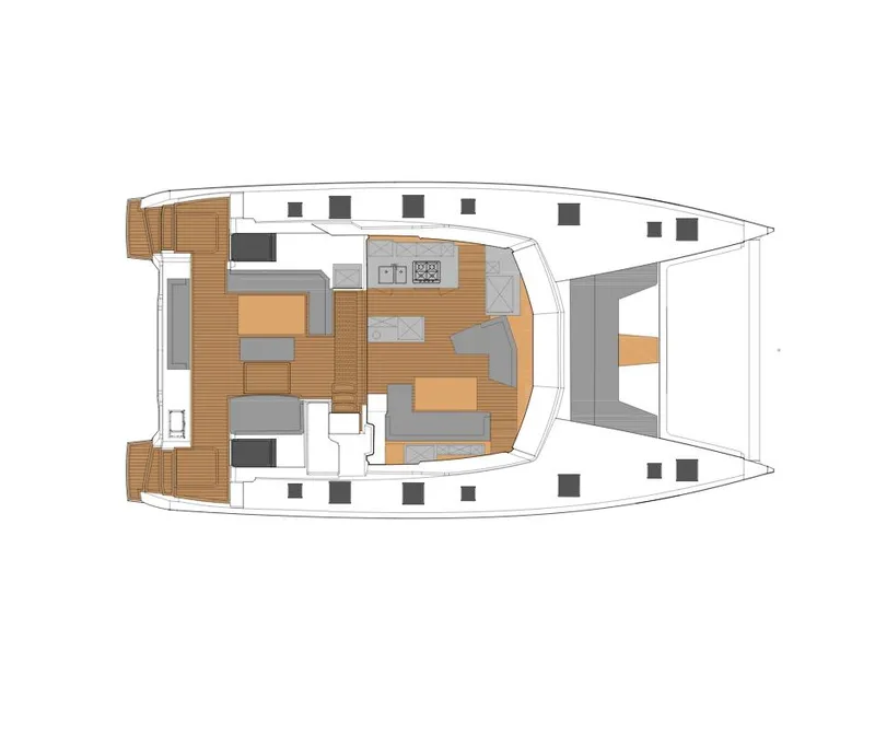 Slide: The Image of Floor plan of 2026 Fountaine Pajot Aura 51 catamaran, featuring spacious interior layout. - 14