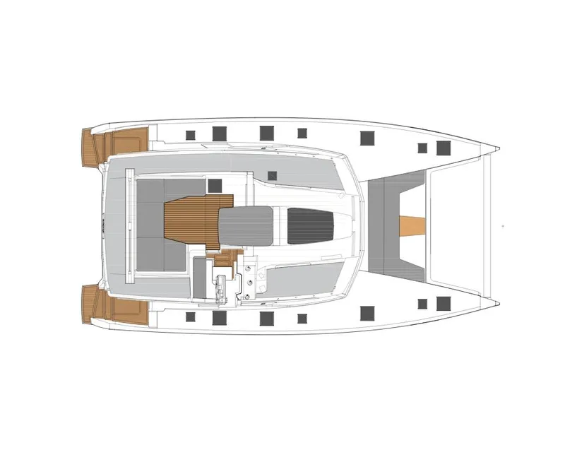 Slide: The Image of Top view layout of 2026 Fountaine Pajot Aura 51 catamaran, showcasing deck and cabin design. - 13