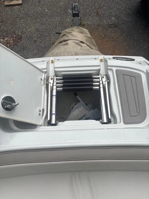 Slide: The Image of 2018 Crownline Eclipse E215 XS boat ladder compartment, open with retractable ladder visible. - 17