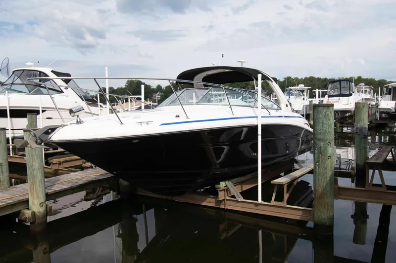 The Image of 2004 Sea Ray 290 Sun Sport docked at a marina, surrounded by other boats. - 0
